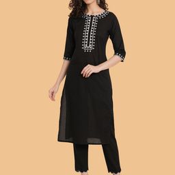 Brownverse Geometric Embroidered Round Neck Regular Straight Kurta With Trouser-image-25