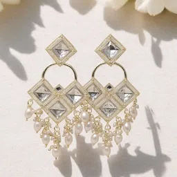 MEIRA JEWELLERY Silver Plated Kundan Stones Studded & Pearls Beaded Circular Drop Earrings-6