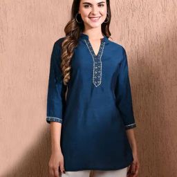 Deckedup Blue Cotton Silk Relaxed FitTunic Tops-image-10