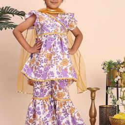 Cutiekins Girls Floral Printed V-Neck Gotta Patti A-Line Kurta With Sharara & Dupatta-picture-42