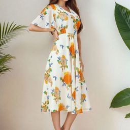 SZN Floral Printed Empired Fit & Flared Georgette Ethnic Dress-image-80