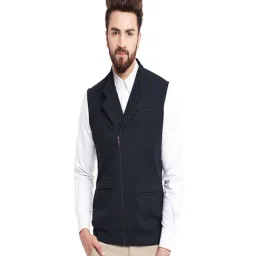 Hypernation Navy Blue Slim Fit Cotton Waistcoat-44