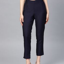 W Women Navy Blue Slim Fit Cropped Trousers-image-83