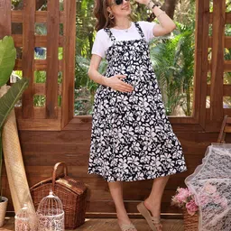EASY MOM Women Floral Print Gathered or Pleated Maternity Fit & Flare Midi Dress-picture-37