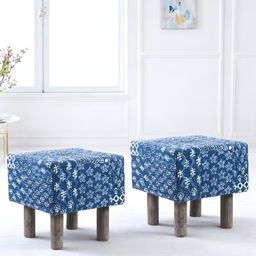 Ikiriya Blue & White Printed Wooden Square Ottomans-image-4