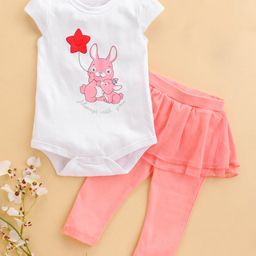 Babyoye Cotton Cap Sleeves Onesie With Skeggings Bunny Print - White Peach-image-2
