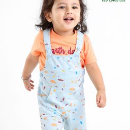 Babyoye 100% Cotton Dungarees & Half Sleeves Tee Set Text Embroidered - Orange & White-image-52