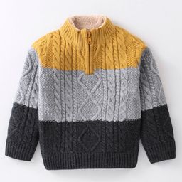 Yellow Apple Knit Full Sleeves Pullover Colour Block Sweater with Cable Knit Design - Grey-picture-15