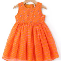 Babyhug Sleeveless Kotta Printed Ethnic Dress Floral Embroidery - Orange-image-2