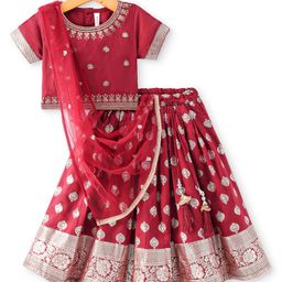 Babyhug Woven Half Sleeves Brocade Lehenga Choli & Dupatta Set with Foil Print & Sequin Embroidery - Maroon-image-62