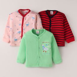 Mini Donuts Interlock Knit Full Sleeves Striped Sparrow Printed Front Open Vests Pack of 3 - Pink Red & Green-image-41