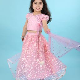 Babyhug Woven Short Sleeves Net Sequinned Floral Embroidered Choli Lehenga & Dupatta Set - Pink-image-91