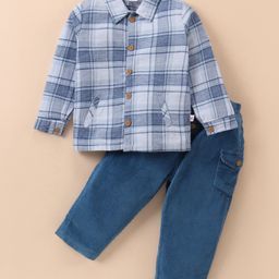 Wow Clothes Cotton Woven Full Sleeves Checkered Shirt & Corduroy Pants Set - Blue-image-73
