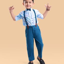 Ollington St. 100% Cotton Woven Full Sleeves Animal Printed Shirt & Twill Pants With Bow & Suspender - White & Blue-image-69