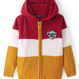Pine kids Knitted Full Sleeves Hooded Front Open Colour Block Designed Sweater- Multicolor-picture-9