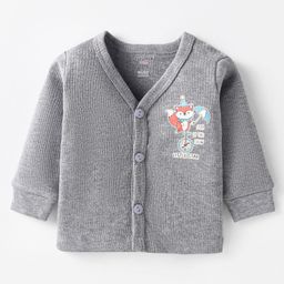 CUCUMBER Cotton Knit Full Sleeves Front Open Thermal Vest with Fox Print - Grey-image-64