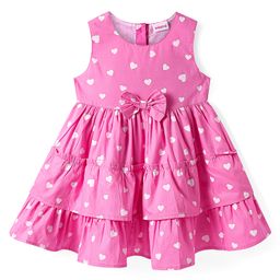 Babyhug Cotton Woven Sleeveless Frock With Bow Applique & Heart Print - Pink-image-59