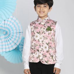 Vastramay Silk Sleeveless Floral Printed Nehru Jacket - Pink-image-41