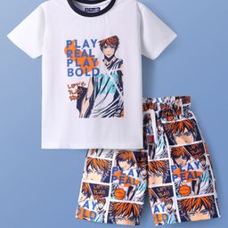 Pine Kids Single Jersey Knit Half Sleeves Shorts Night Suit With Rugby Ball Print - White-image-53