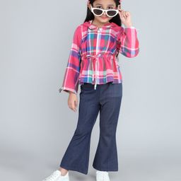 Taffykids Flannel Full Sleeves Checked Hooded Jacket & Solid Bell Bottom Pant Set - Multi Colour-image-67