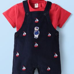 ToffyHouse Cotton Knit Half Sleeves Inner Tee & Dungaree Sets with Nautical Theme Print - Navy Blue & Red-image-3
