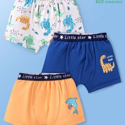 Babyoye Cotton Elastane Knit Trunks With Dino Print Pack of 3 - Navy Blue Orange & White-image-57