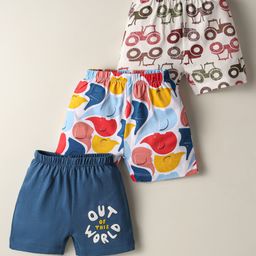 OHMS Single Jersey Knee Length Shorts With Animal & Vehicle Print Pack Of 3 - Blue White & Light Blue-image-77