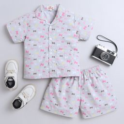 The Magic Wand Cotton Woven Half Sleeves Bow Printed Shirt & Coordinating Shorts Set - Grey-image-96