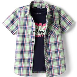 Pine Kids Cotton Woven Half Sleeves Checkered Shirt With T-Shirt - Light Green-picture-49