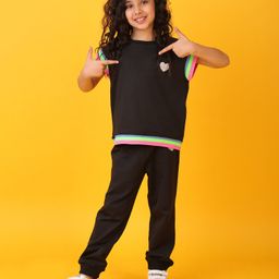 Anthrilo Cotton Blend Half Sleeves Heart Printed Tee & Joggers Set - Black-image-34