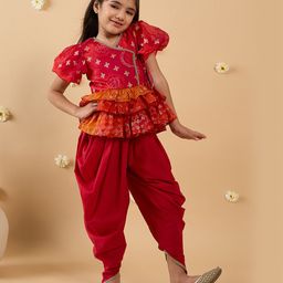 Pspeaches Chanderi Half Balloon Sleeves Bandhani Printed & Lace Embellished Layered Top & Dhoti Set - Red-picture-21