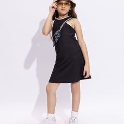 Taffykids Sleeveless Ribbed Dress With Sling Bag - Black & Multi Colour-image-70