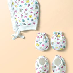 Doodle Poodle Interlock Knit Cap Mittens & Booties With Floral Print White - Diameter 18 cm-image-72