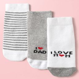 Cute Walk By Babyhug Knit Ankle Length Antibacterial Socks with Stripes & I Love Mom & Dad Text Print Pack of 3 - Grey & White-image-45