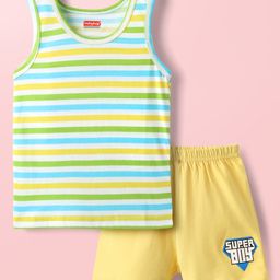 Babyhug 100% Cotton Knit Sleeveless Striped Sando & Shorts Set With Super Boy Print - Yellow-image-84