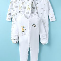 Simply Interlock Knit Full Sleeves Footed Sleep Suits With Animal Print Pack of 3 - White-image-99
