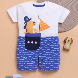TOONYPORT Cotton Knit Half Sleeves Dog & Ship Printed Romper - Blue-picture-2