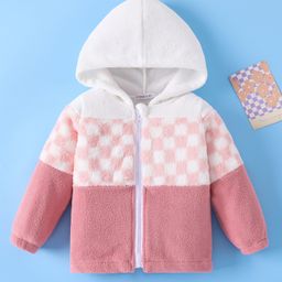 Mark & Mia Full Sleeves Fur Checks Hooded Winter Jacket - Pink & White-picture-7