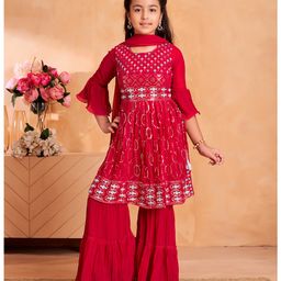 Aarika Georgette Woven Half Bell Sleeves Sequin Embellished & Embroidered Kurta With Sharara & Dupatta - Rani-image-82
