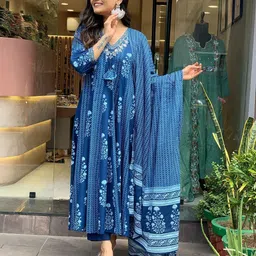 SIJOPA Floral Printed Mirror Work Pure Cotton A-Line Kurta With Trousers And Dupatta image 2