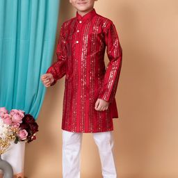 NFC CREATION Boys Embroidered Regular Sequinned Dupion Silk Kurta with Pyjamas image 5
