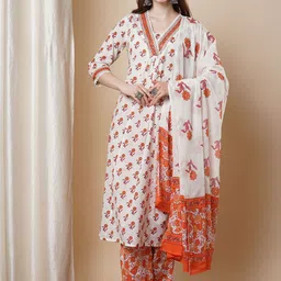 FASHOR Floral Printed V-Neck Panelled Pure Cotton A-Line Kurta With Palazzos & Dupatta-image-98