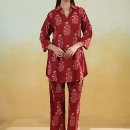Anayna Floral Printed Shirt Collar Pure Cotton Tunic & Trouser-image-94