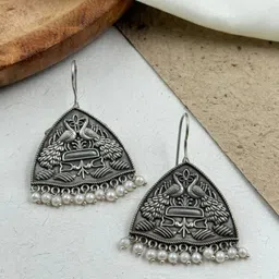 NAMAN ARTS Silver-Plated Geometric Shaped Oxidised Drop Earrings-image-34
