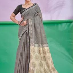 Sangria Checks Printed Cotton Linen Saree With Unstitched Blouse-image-91