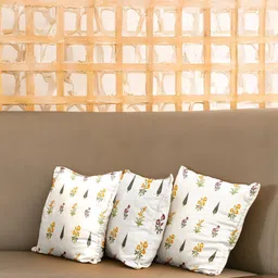 URBAN SPACE White & Yellow 3 Pieces Floral Printed Cotton Square Cushion Covers-image-90