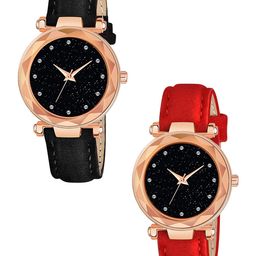CSAMON Women Pack of 2 Round Dial Analogue Watch GR379RG 12D BLK RED Vel L-image-58