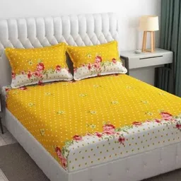 Aura Yellow & White Floral 144 TC King Bedsheet with 2 Pillow Covers-image-72