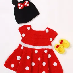 USHA ENTERPRISES Short Sleeves Polka Dot Crochet Embroidered Sweater Dress With Cap & Booties - Red-picture-15
