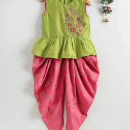 Twisha Flower Embroidered Sleeveless Peplum Style Top With Dhoti - Green-image-10
